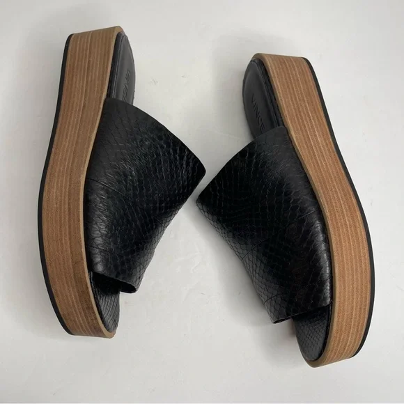 Vince Saskia Black Leather Snake Embossed Slide Flatform Sandal Size 8M Comfort - Picture 9 of 17